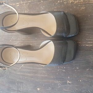 Jessica Simpson Black Snake-Texture Ankle Strap Platform Heels